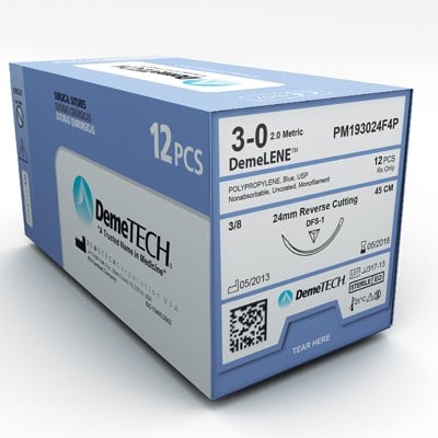 DemeLENE™ Polypropylene Sutures 3/0 45cm 24mm Reverse Cutting Blue Box/12